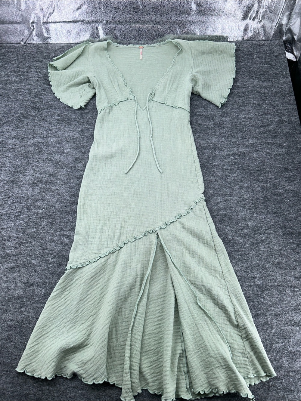 Free People Mint Green Tie-Front Ruffle Maxi Dress Big Mood Midi Size XS - Picture 4 of 15